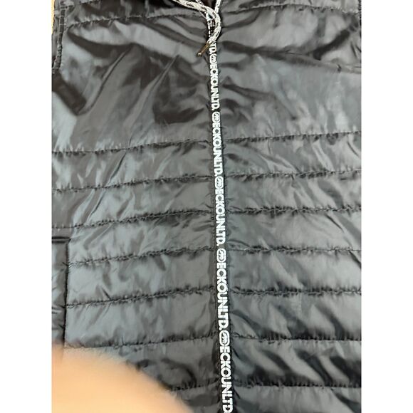 Ecko Unltd Black Puffer Vest Small Gray Hood Zip Up Streetwear Logo Tape - Picture 2 of 6